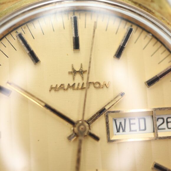 Vintage Hamilton Men Day Date Watch 37mm Gold Pin Stripe 14k Plated 707004 WORKS - Picture 6 of 16